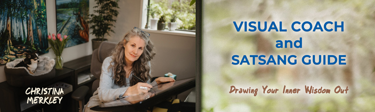 Christina Merkley drawing at her desk in her office with presley the puppy behind her.