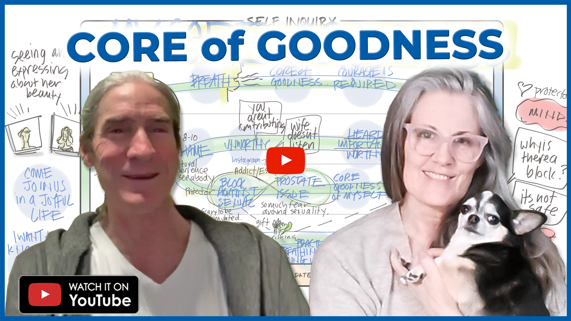 Christina Merkley holds her chihuahua puppy Presley beside David in this cover for Sit with Christina against a backdrop of his visual map and with the title of Core of Goodness across the top in blue.