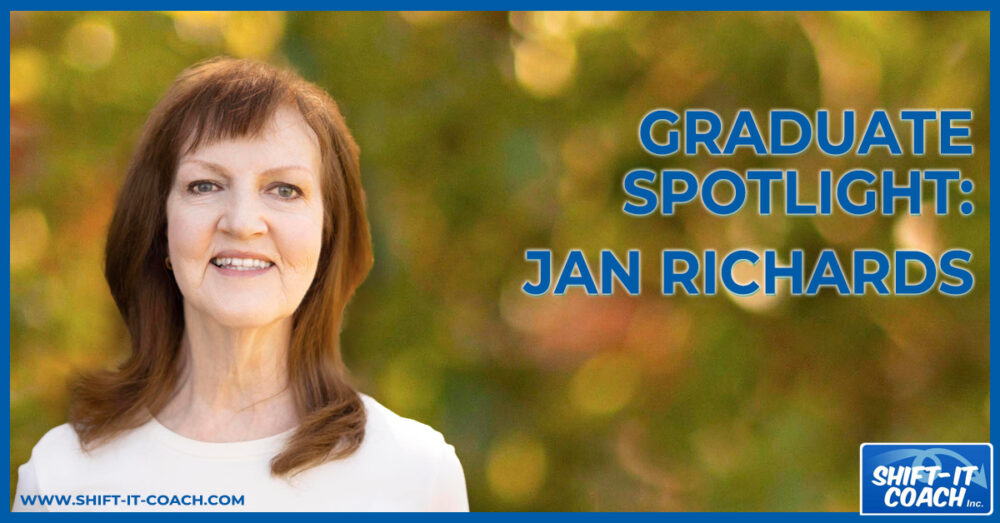 Visual Coach Certification Graduate Spotlight banner with Jan Richards smiling at the camera. She is in white with auburn hair and against a backdrop of blurred fall foilage.