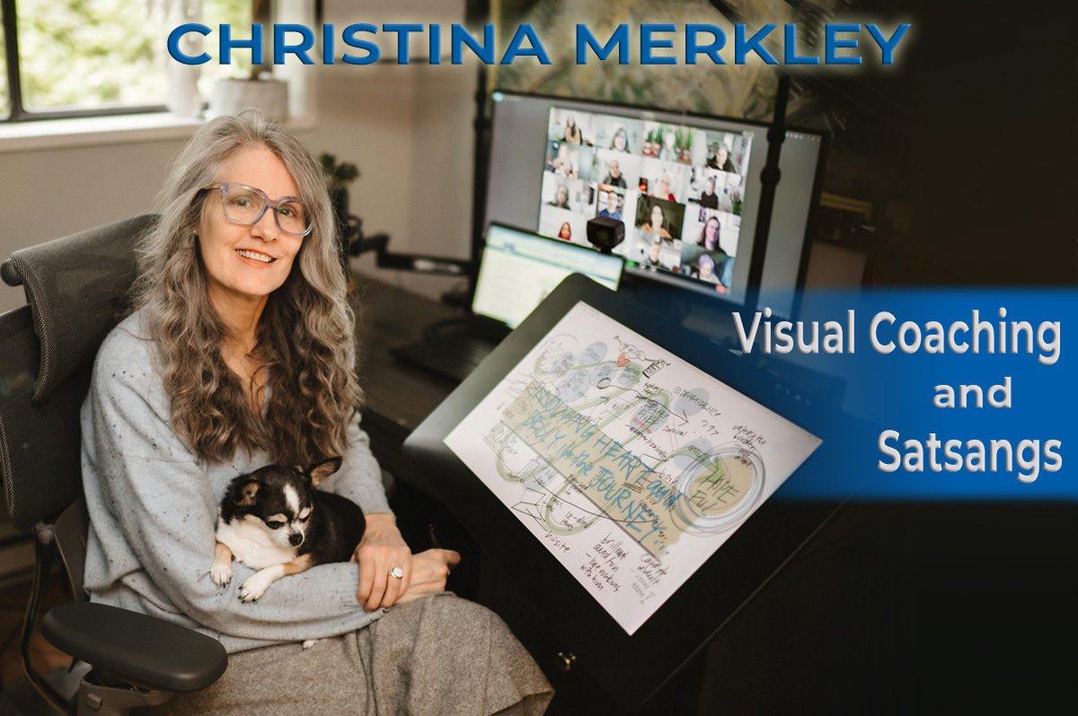 Christina Merkley with puppy Presley on her lap, smiling from her office with drawing tablet and group of students on screens behind her.