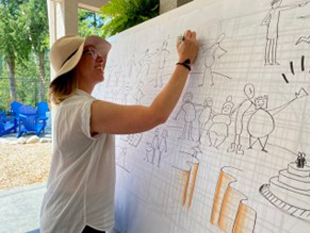 In-person Fundamentals of Visual Coaching class: student drawing at the large easel.