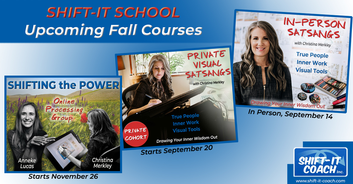 SHIFT-IT School Fall 2025 courses on a blue banner showing In Person Satsangs, Private Visual Satsang and Shifting the Power Processing Group with Anneke Lucas