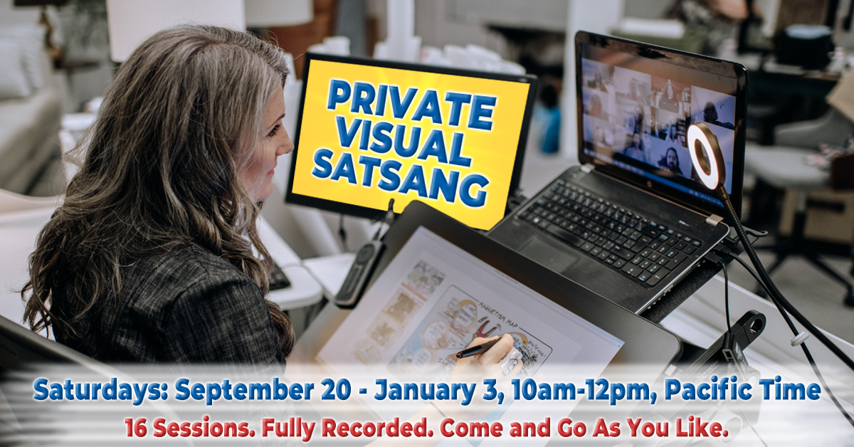 Fall private satsang poster starting September 20, 2025 shows Christina Merkley at her tablet with a virtual class of satsang students.
